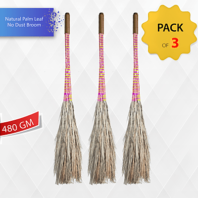 Pack of 3 Dust free 3D 3 finger palm leaf broom , khajur broom, khajhur phool jhadoo length 115cm , natural grass broom pack of 3 pcs